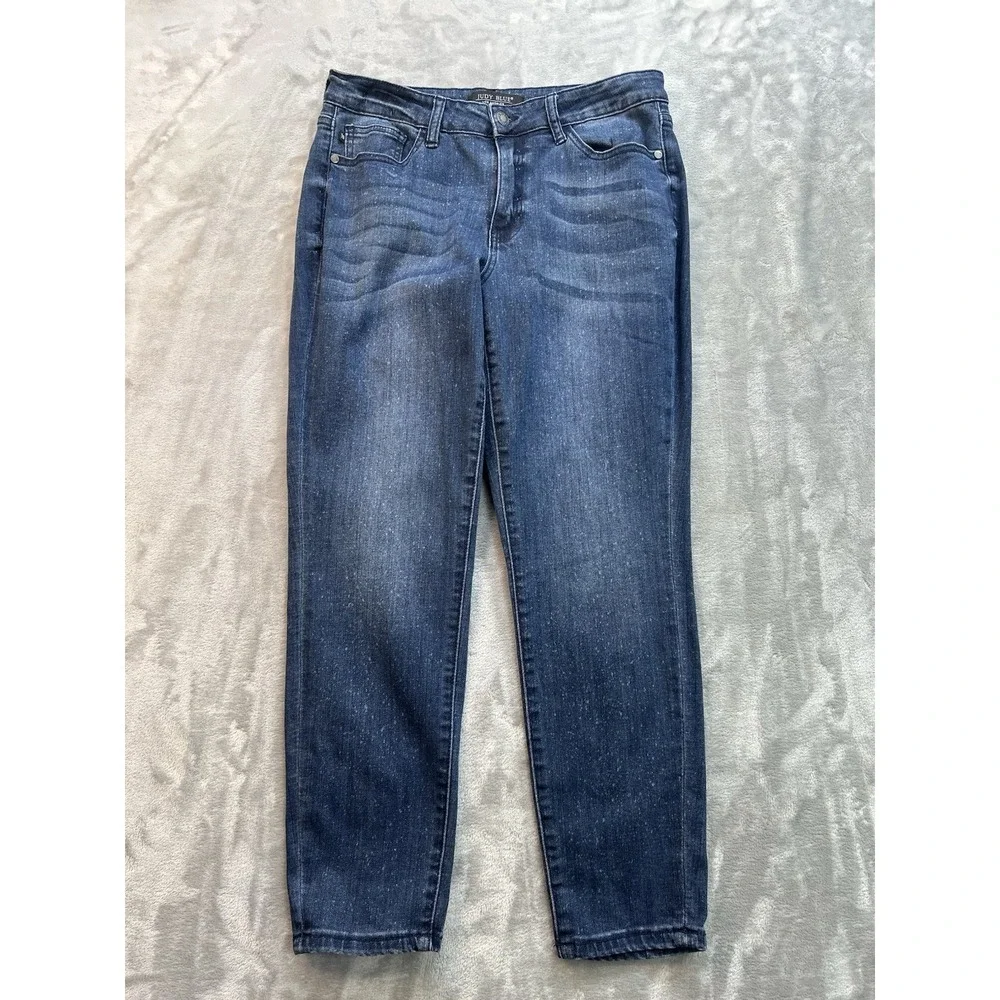 Judy Blue Jean Women Sz 11/30 Speckled Blue Relaxed Fit Tapered Mid Rise Stretch